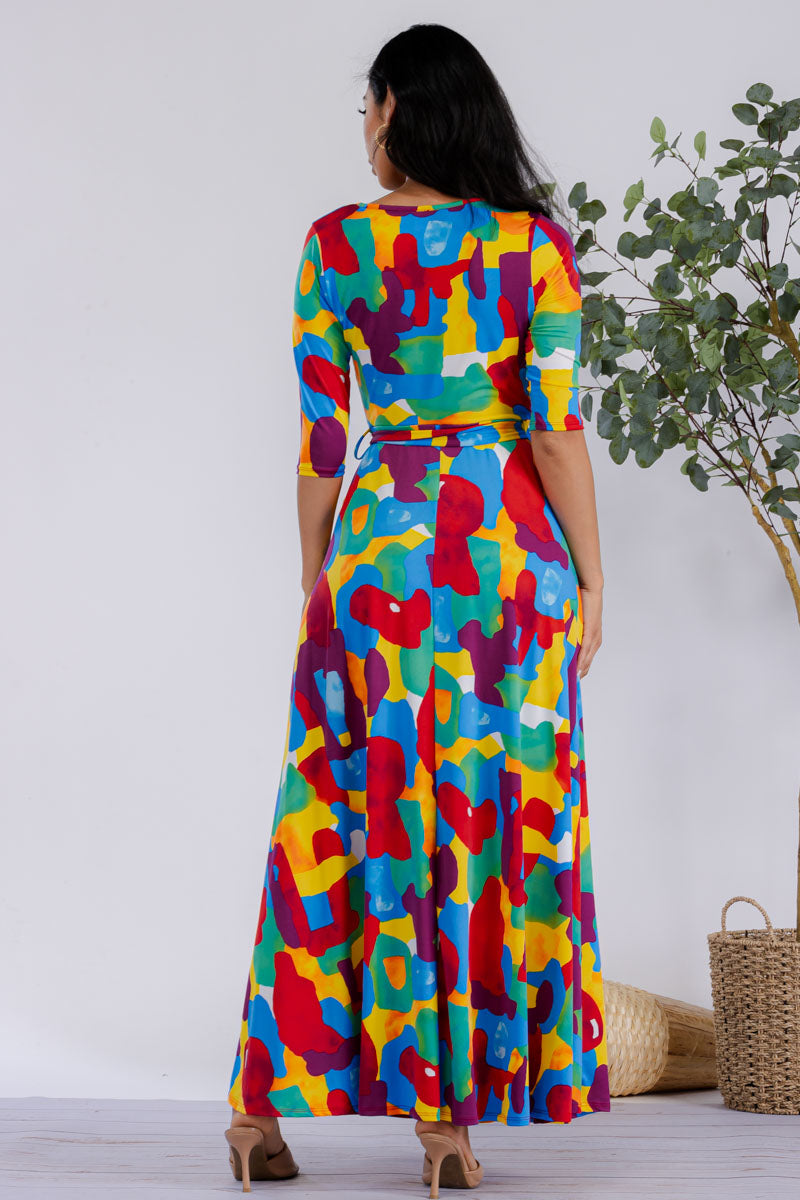 HH517R-MULTICOLOR - 3/4 SLEEVE MAXI DRESS