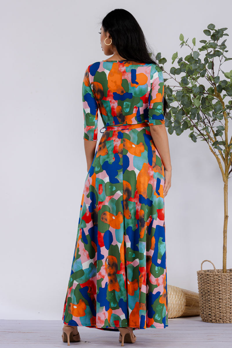 HH517R-MULTICOLOR - 3/4 SLEEVE MAXI DRESS