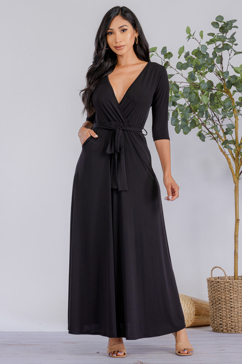 HH517R-SOLID - 3/4 Sleeve Maxi Dress