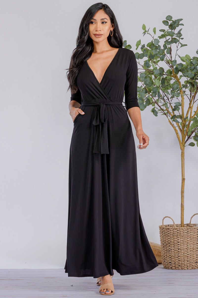 HH517R-SOLID - 3/4 Sleeve Maxi Dress