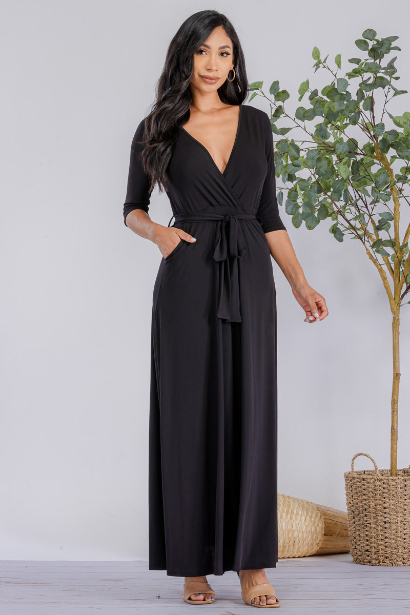 HH517R-SOLID - 3/4 Sleeve Maxi Dress