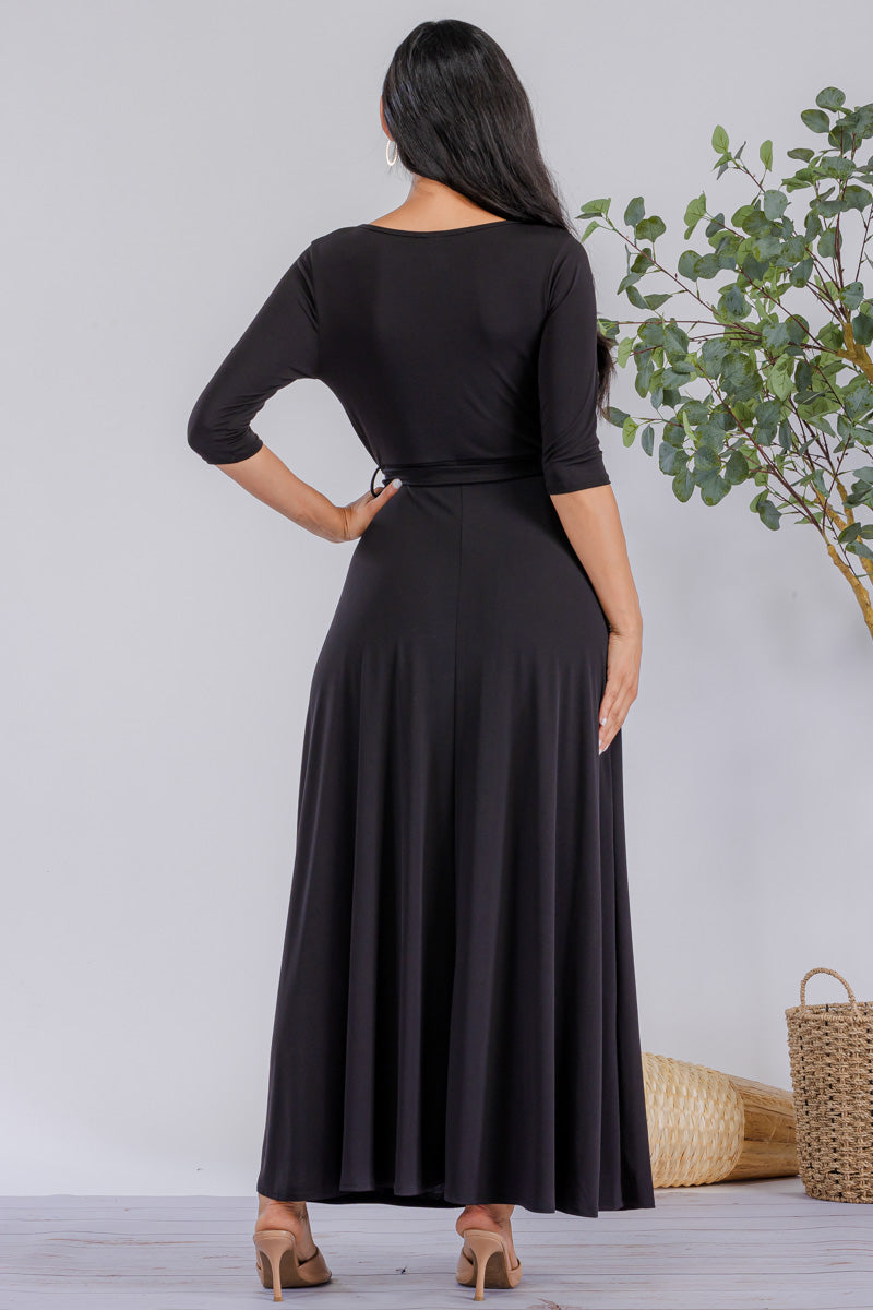 HH517R-SOLID - 3/4 Sleeve Maxi Dress