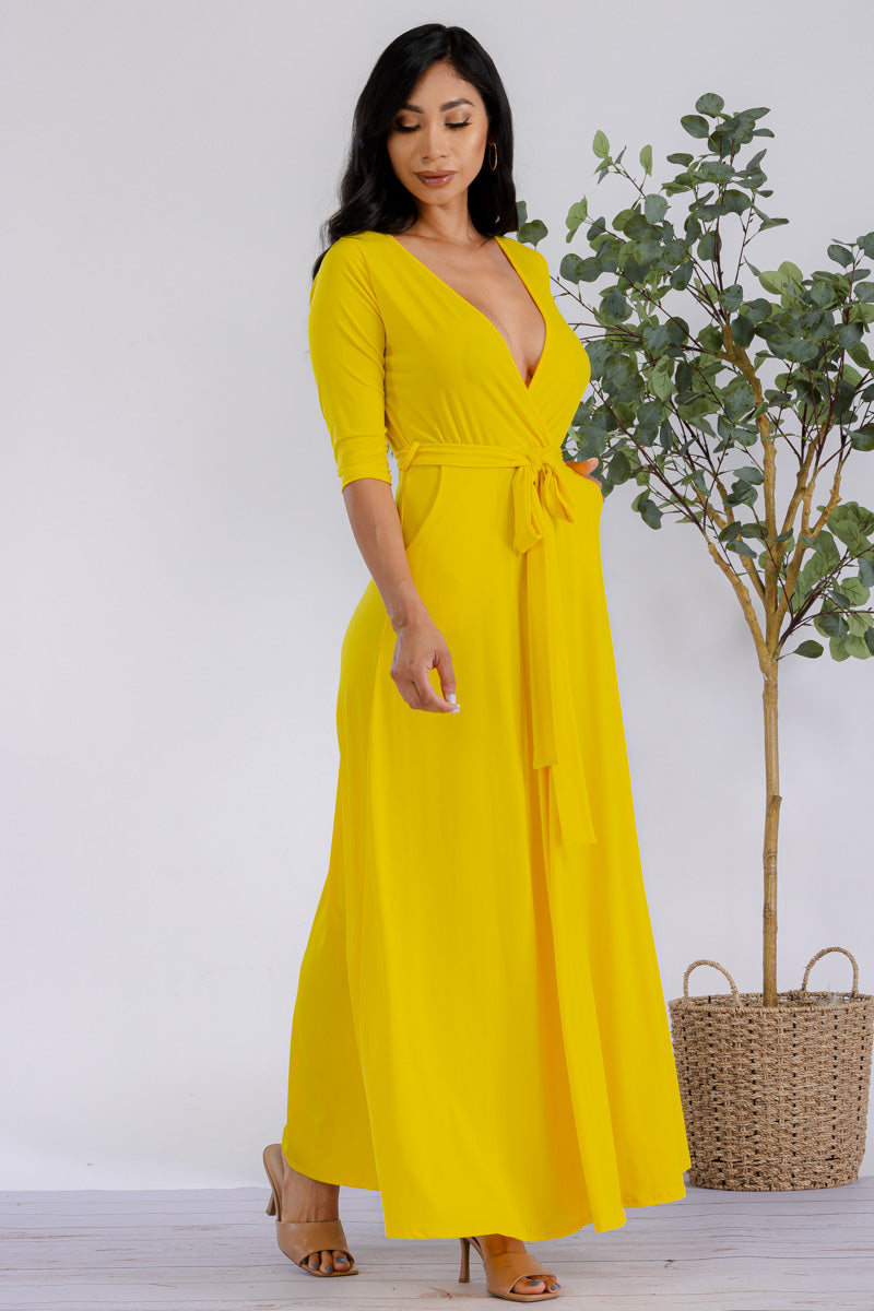 HH517R-SOLID - 3/4 Sleeve Maxi Dress