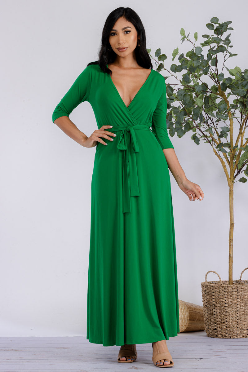 HH517R-SOLID - 3/4 Sleeve Maxi Dress