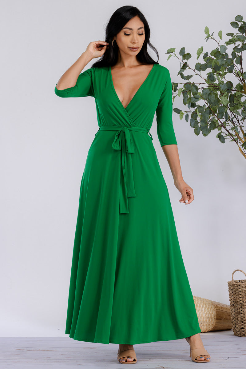 HH517R-SOLID - 3/4 Sleeve Maxi Dress