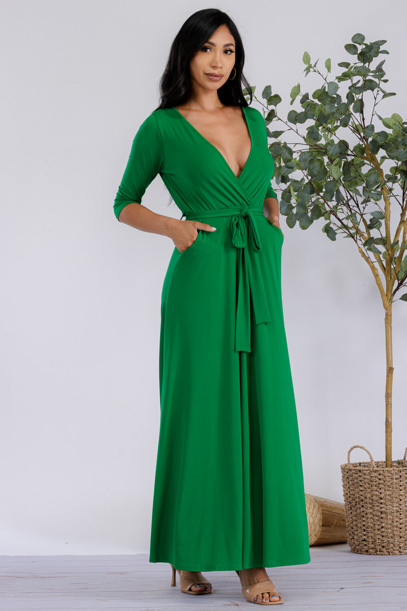 HH517R-SOLID - 3/4 Sleeve Maxi Dress