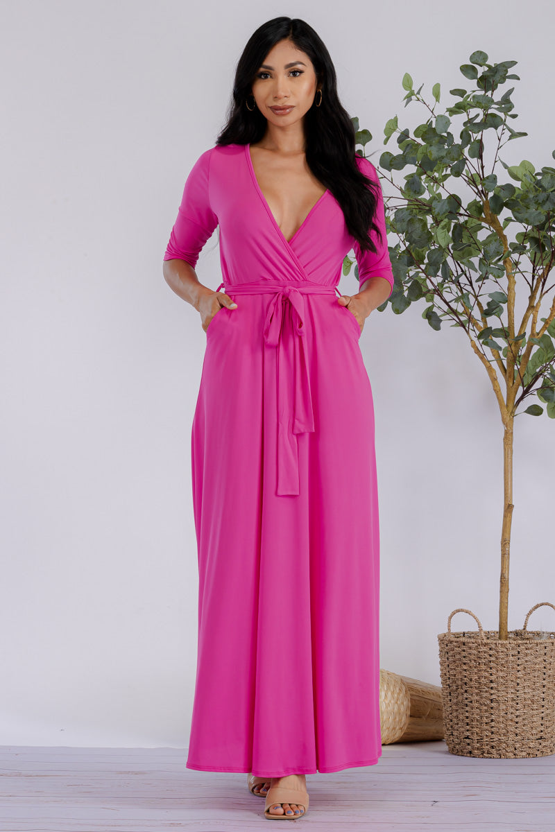 HH517R-SOLID - 3/4 Sleeve Maxi Dress