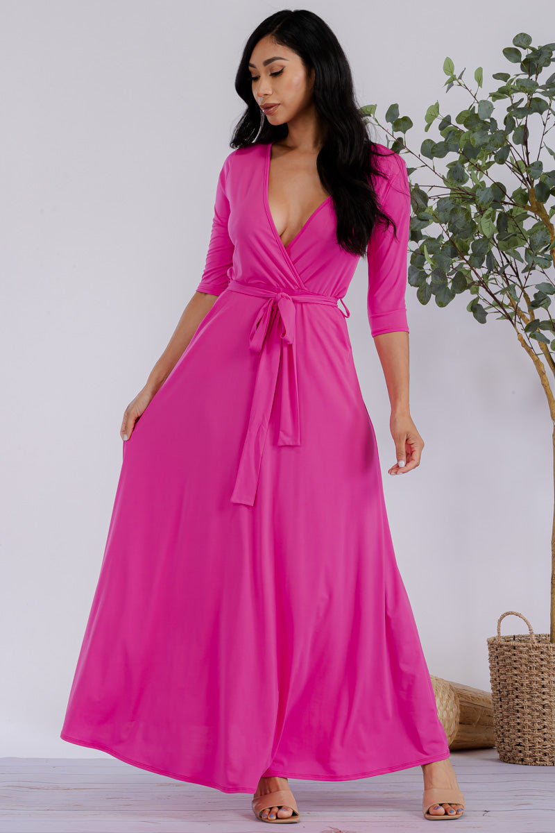 HH517R-SOLID - 3/4 Sleeve Maxi Dress