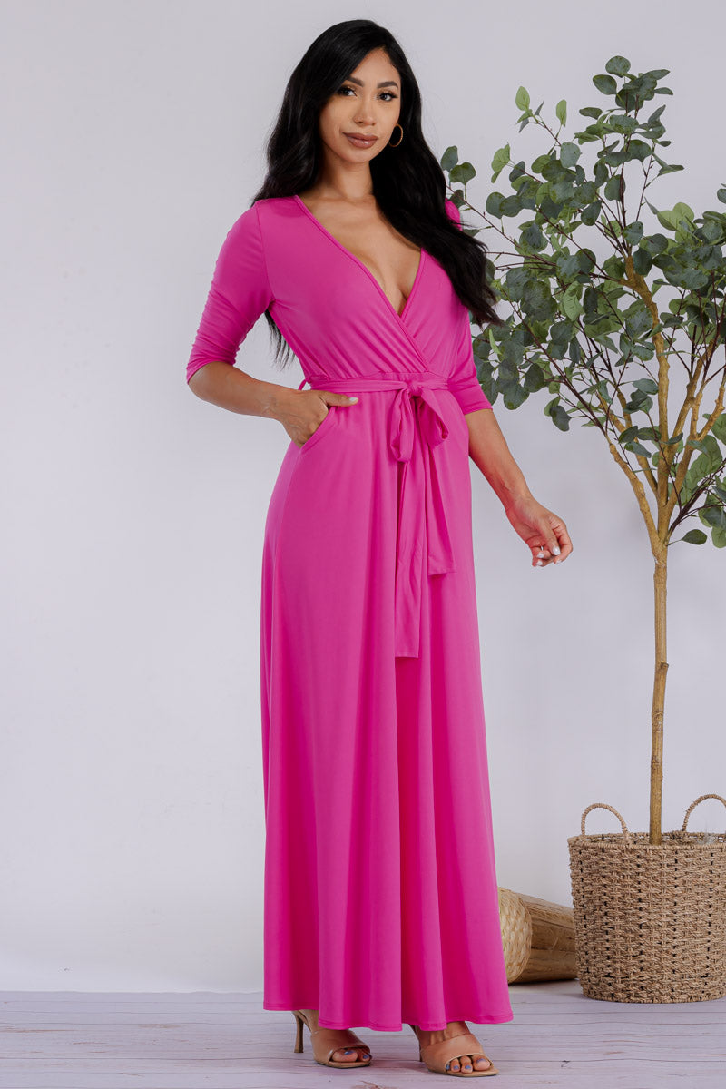 HH517R-SOLID - 3/4 Sleeve Maxi Dress