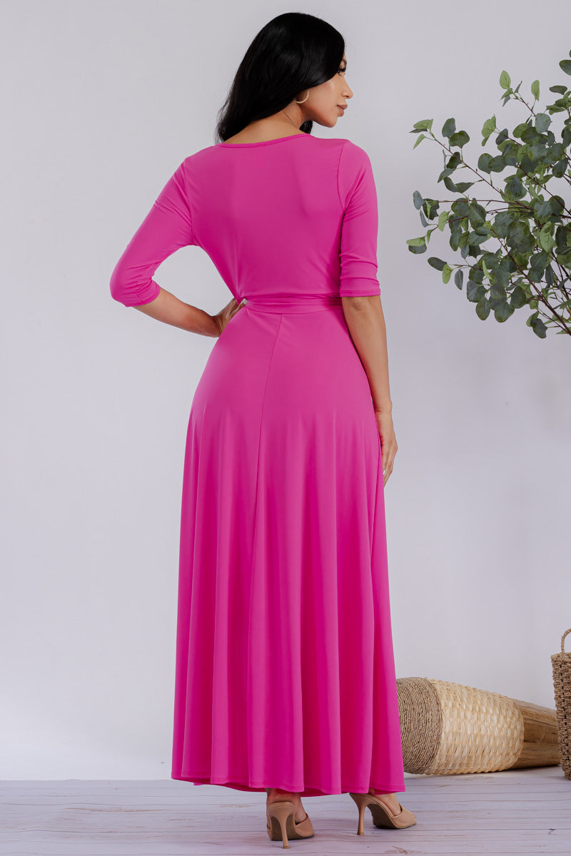 HH517R-SOLID - 3/4 Sleeve Maxi Dress