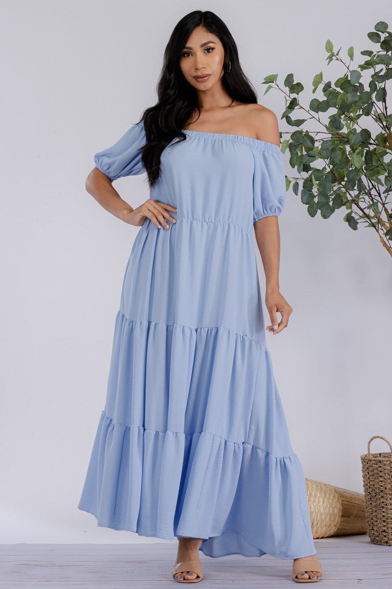 HH722R-SL - OFF SHOULDER TIERED MAXI DRESS