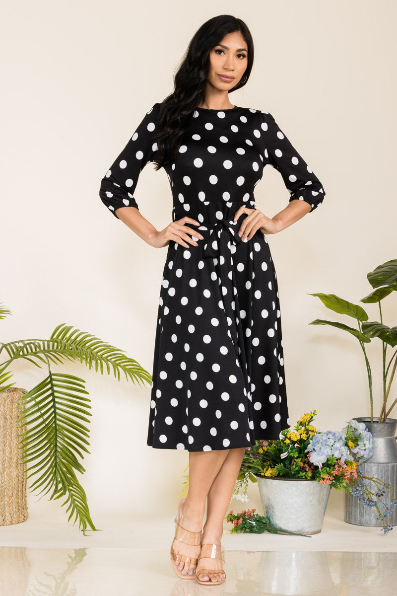 HH583R-POLKADOTS - SELF TIE MIDI DRESS