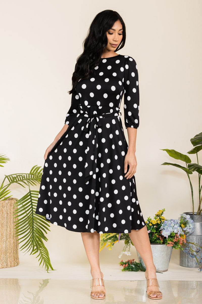 HH583R-POLKADOTS - SELF TIE MIDI DRESS