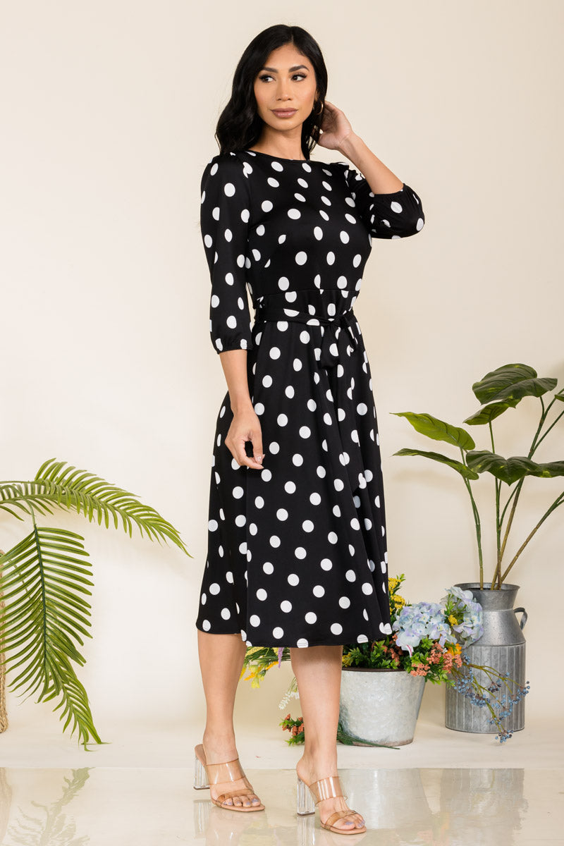 HH583R-POLKADOTS - SELF TIE MIDI DRESS