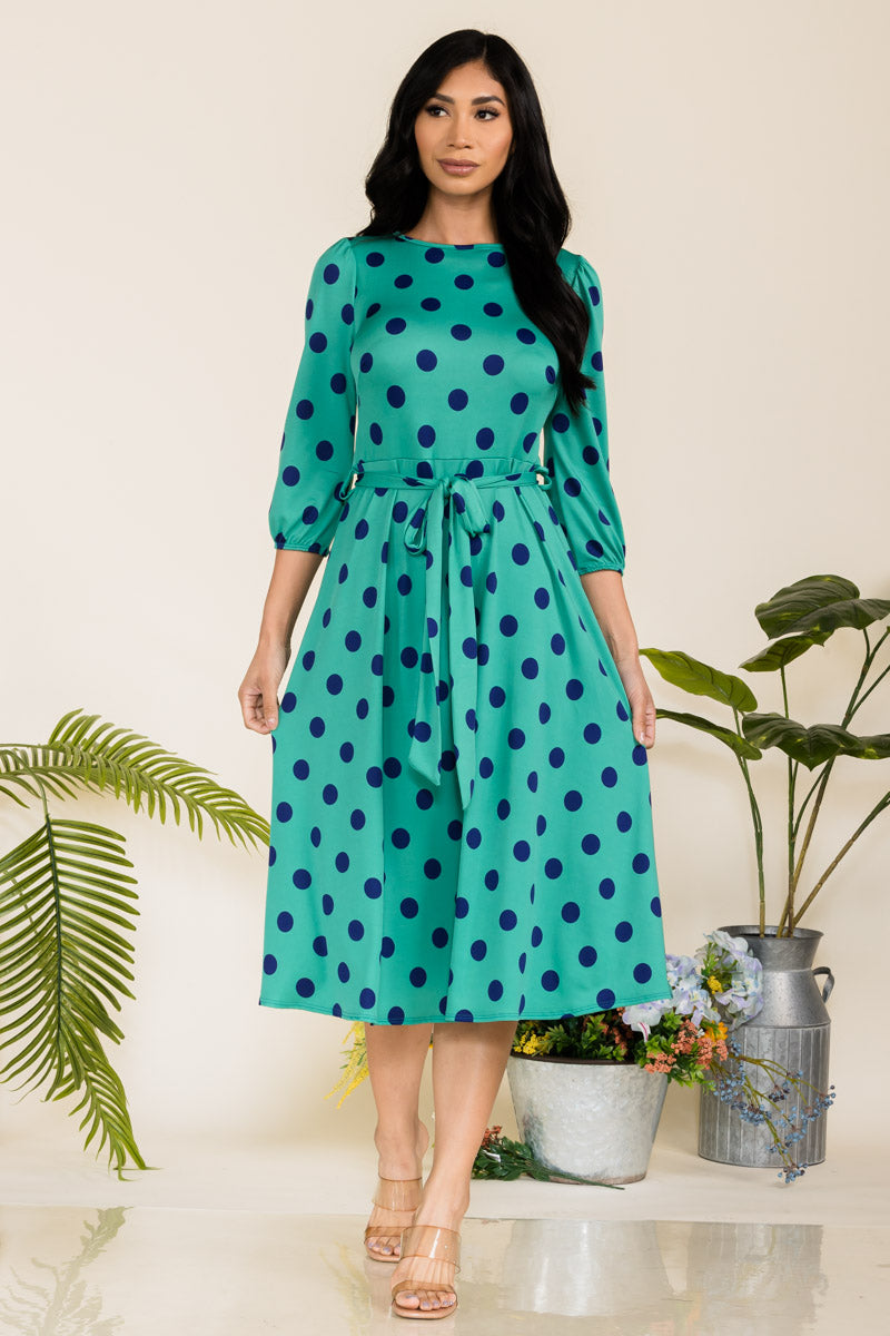 HH583R-POLKADOTS - SELF TIE MIDI DRESS