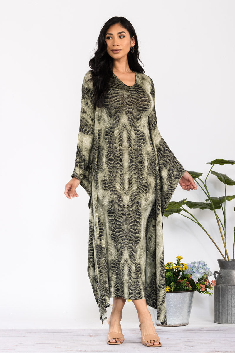 HH750R-SNAKE - LONG SLEEVE DRAPE MAXI DRESS