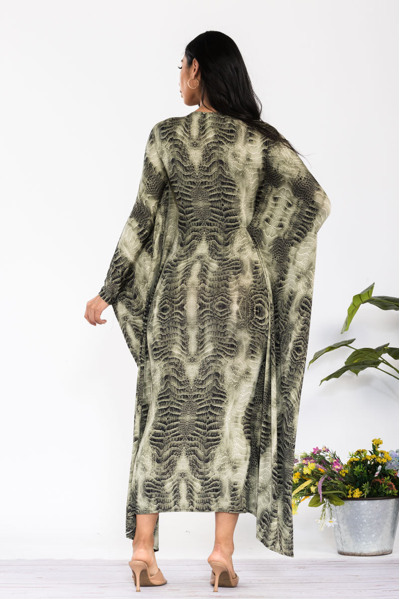 HH750R-SNAKE - LONG SLEEVE DRAPE MAXI DRESS