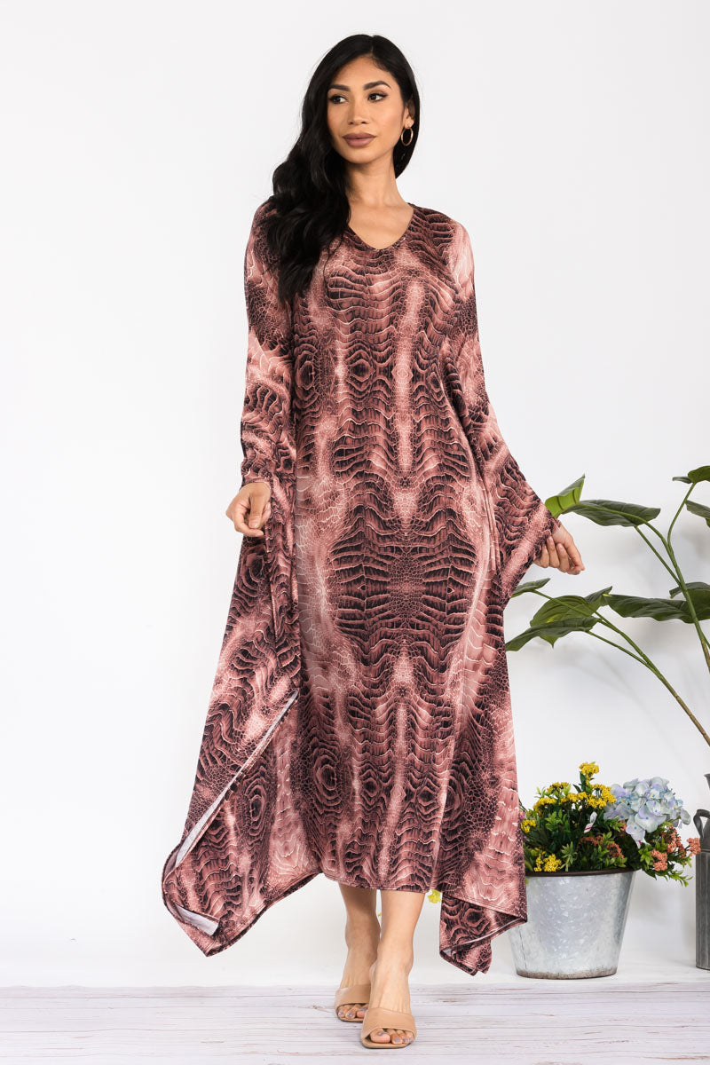 HH750R-SNAKE - LONG SLEEVE DRAPE MAXI DRESS