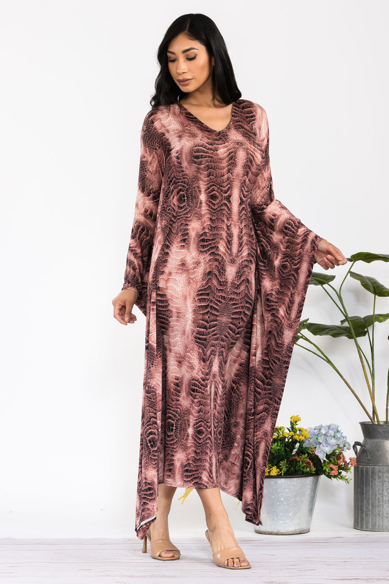 HH750R-SNAKE - LONG SLEEVE DRAPE MAXI DRESS