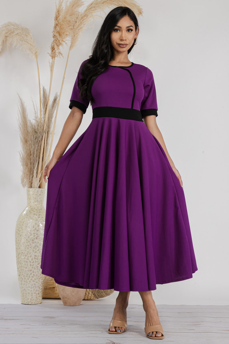 HH730X-SOLID - CONTRAST TRIM FLOWY DRESS