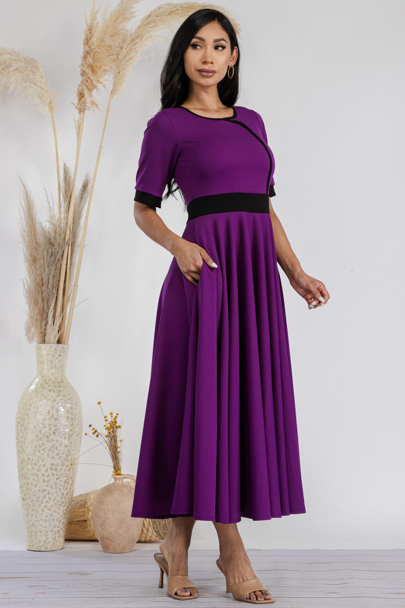 HH730X-SOLID - CONTRAST TRIM FLOWY DRESS