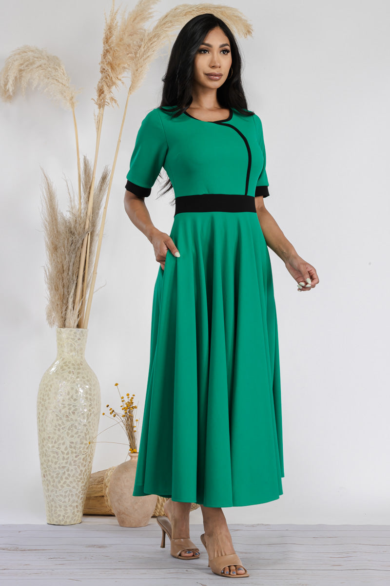 HH730X-SOLID - CONTRAST TRIM FLOWY DRESS