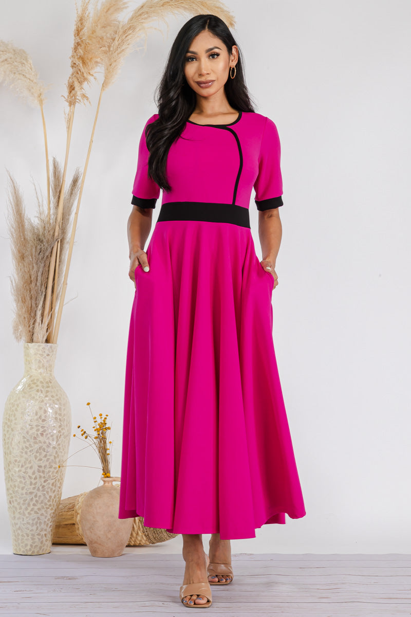 HH730X-SOLID - CONTRAST TRIM FLOWY DRESS