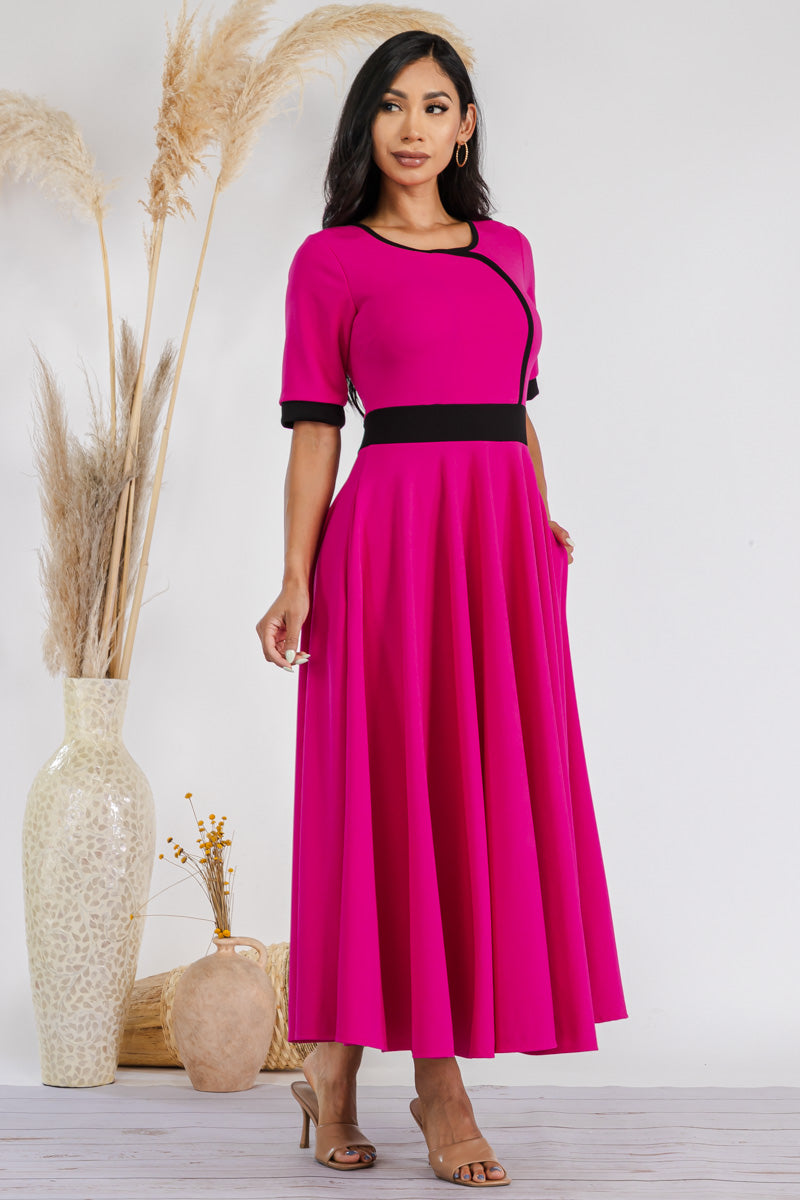 HH730X-SOLID - CONTRAST TRIM FLOWY DRESS