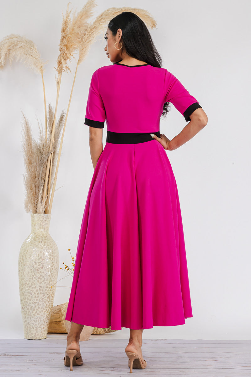 HH730X-SOLID - CONTRAST TRIM FLOWY DRESS