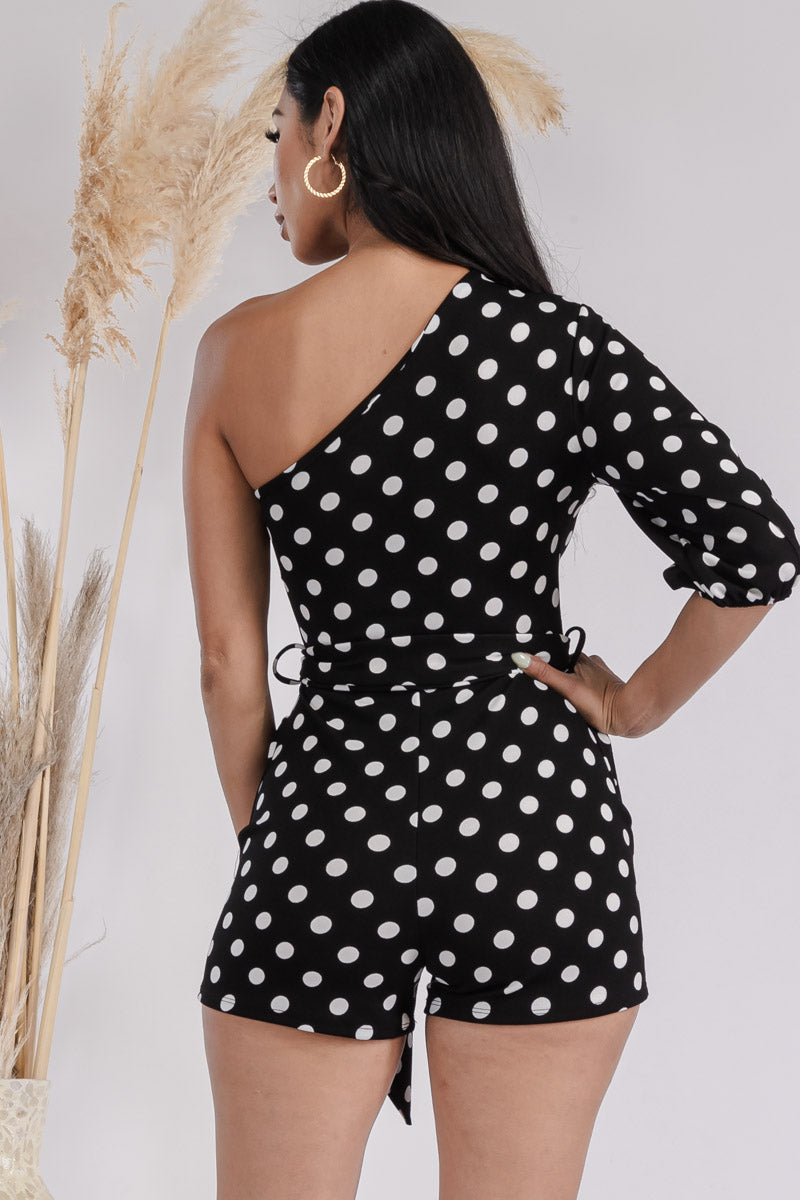 HH731R-POLKADOT - ONE SHOULDER PUFF SLEEVE ROMPER