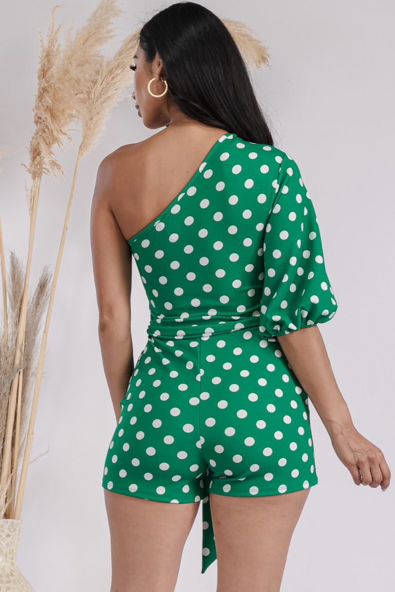 HH731X-POLKADOT - ONE SHOULDER PUFF SLEEVE ROMPER