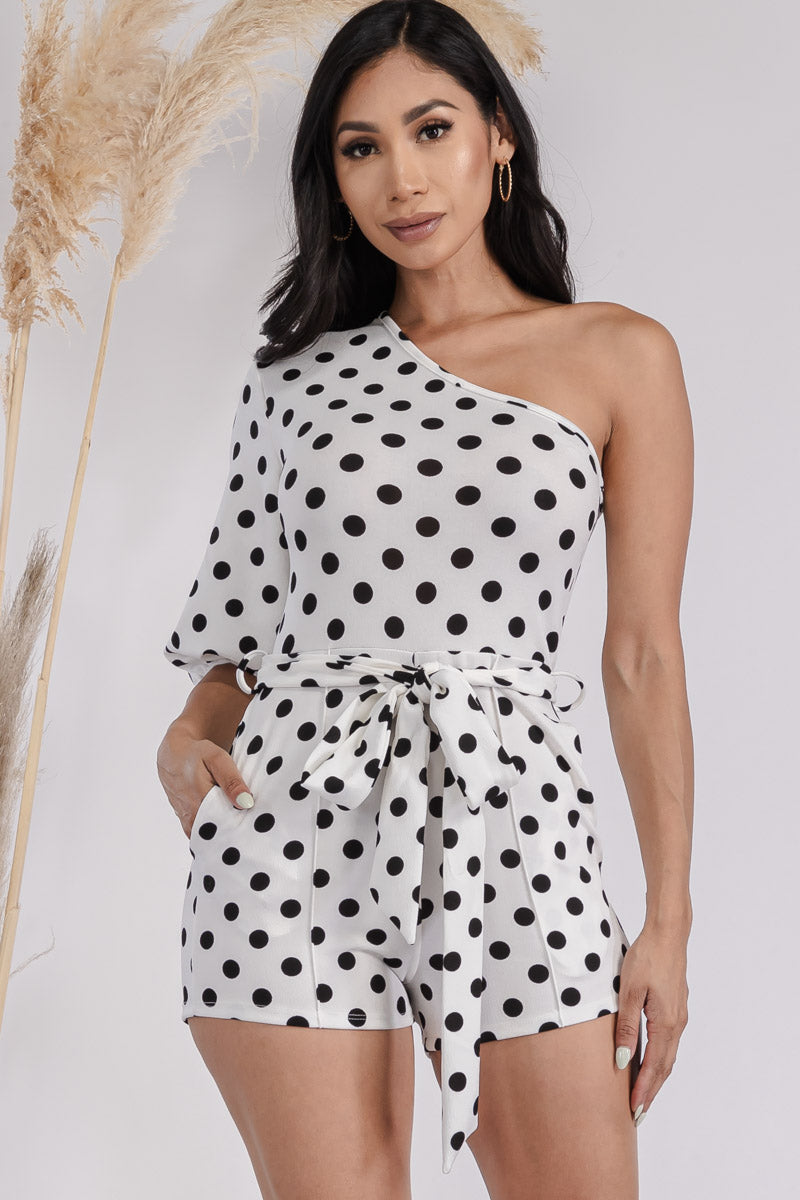 HH731X-POLKADOT - ONE SHOULDER PUFF SLEEVE ROMPER