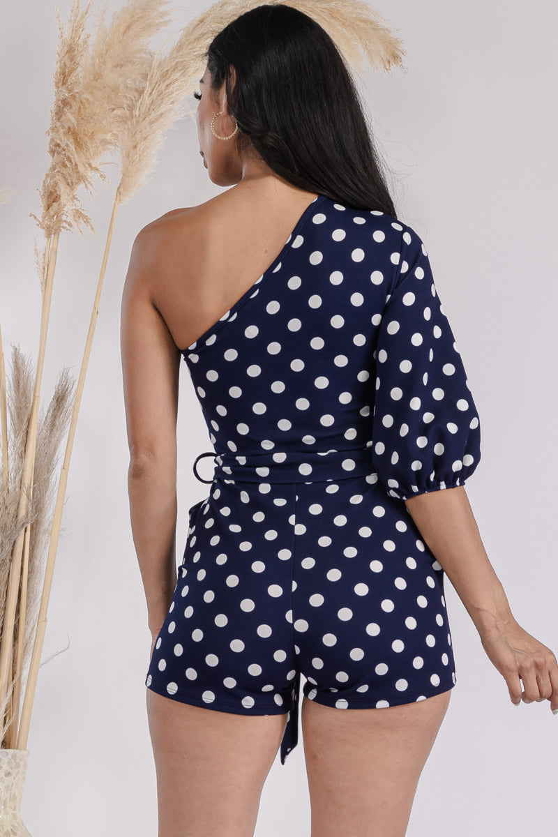 HH731X-POLKADOT - ONE SHOULDER PUFF SLEEVE ROMPER