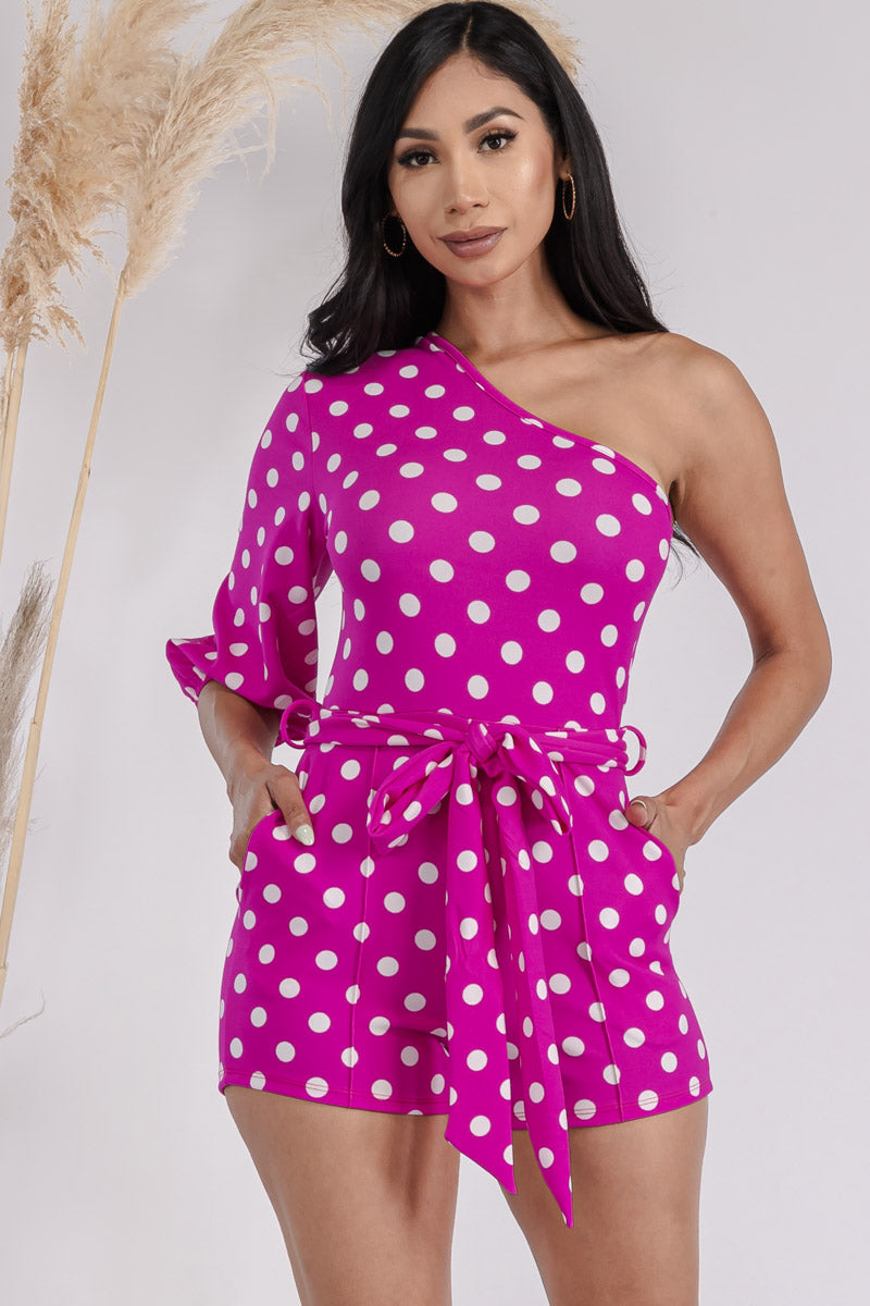 HH731X-POLKADOT - ONE SHOULDER PUFF SLEEVE ROMPER