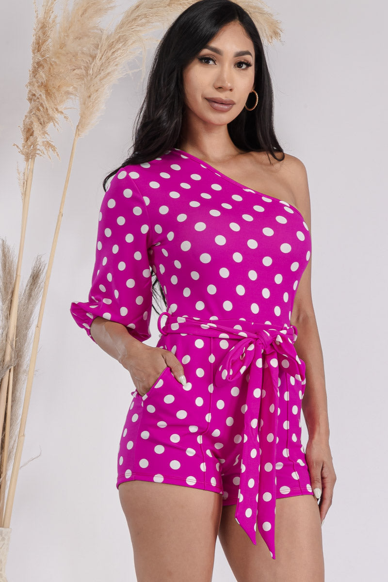 HH731R-POLKADOT - ONE SHOULDER PUFF SLEEVE ROMPER