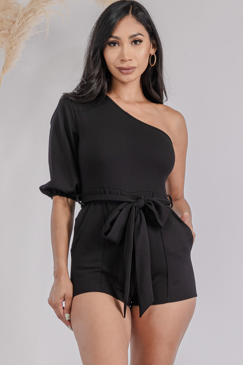 HH731X-SOLID - ONE SHOULDER PUFF SLEEVE ROMPER