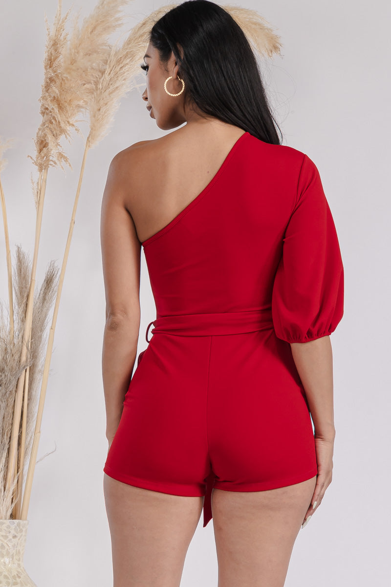 HH731X-SOLID - ONE SHOULDER PUFF SLEEVE ROMPER