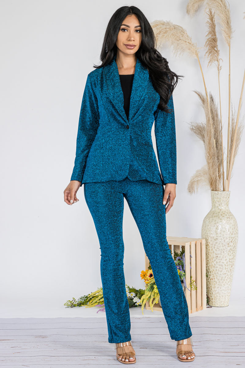 HH741R- SOLID - 2PC SEQUIN PANT AND BLAZER SET