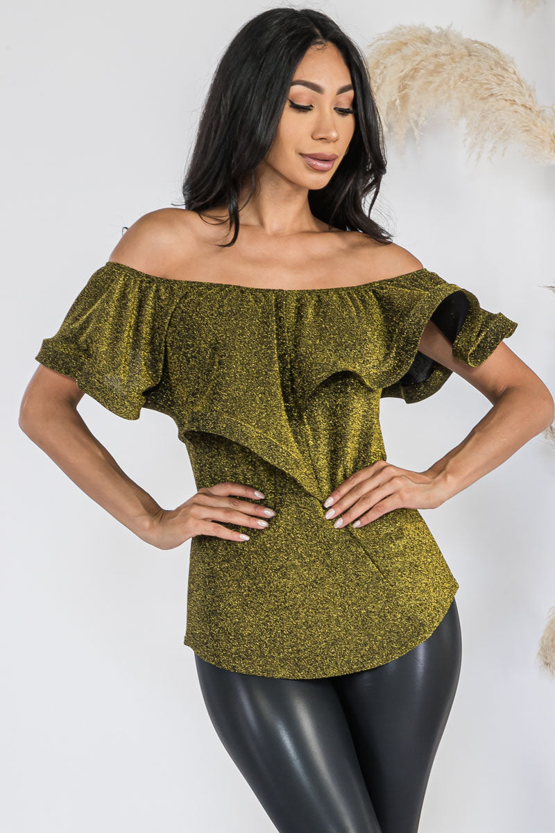 HH740X-GLITTER - GLITTER RUFFLE OFF SHOULDER TOP