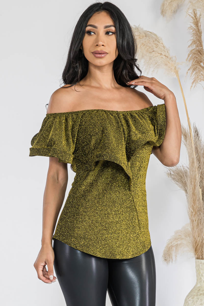 HH740X-GLITTER - GLITTER RUFFLE OFF SHOULDER TOP