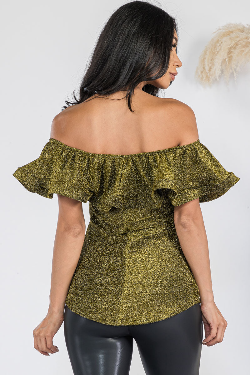 HH740X-GLITTER - GLITTER RUFFLE OFF SHOULDER TOP