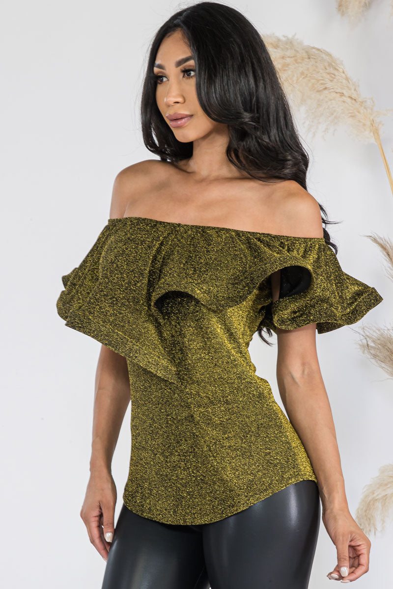 HH740X-GLITTER - GLITTER RUFFLE OFF SHOULDER TOP