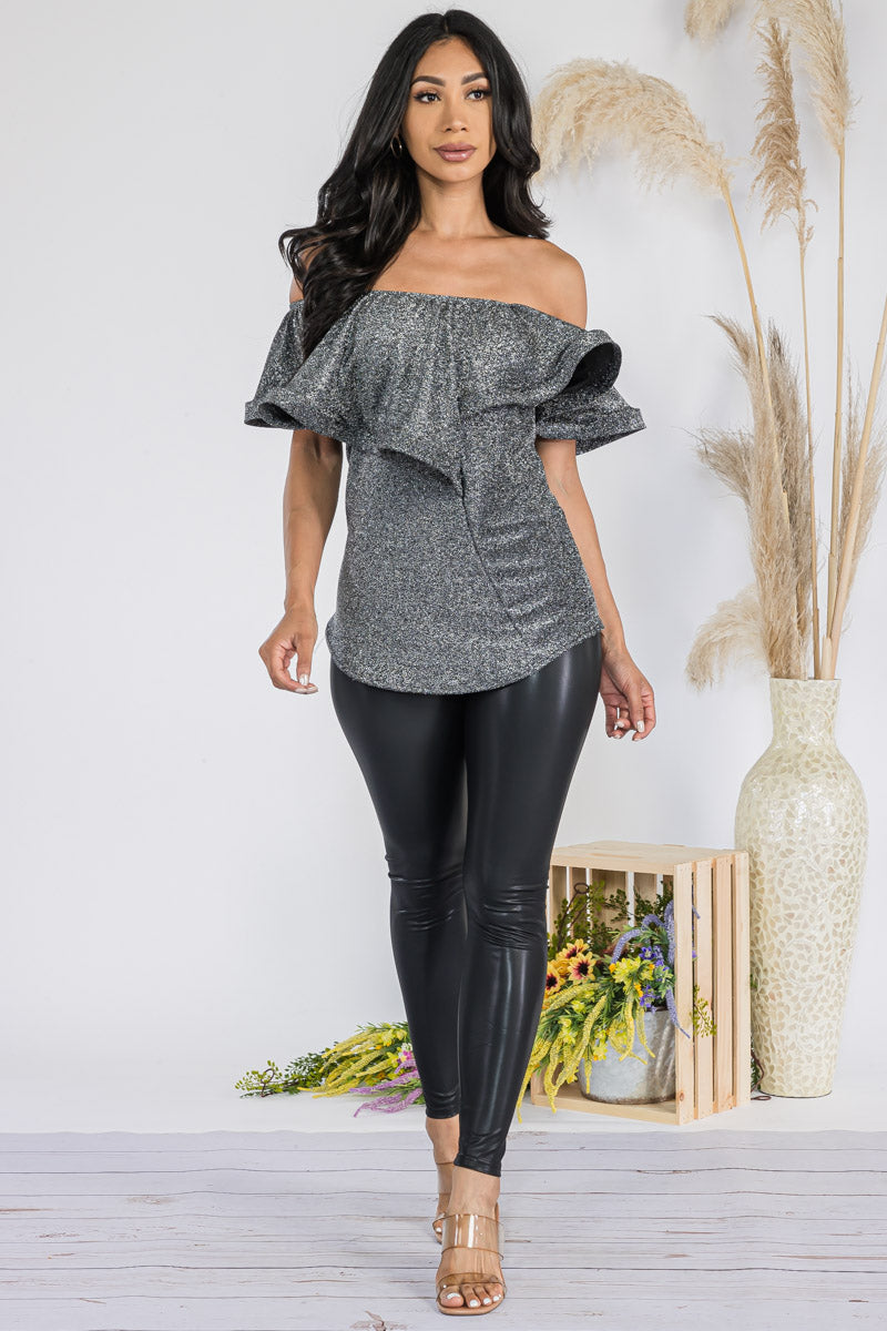 HH740X-GLITTER - GLITTER RUFFLE OFF SHOULDER TOP