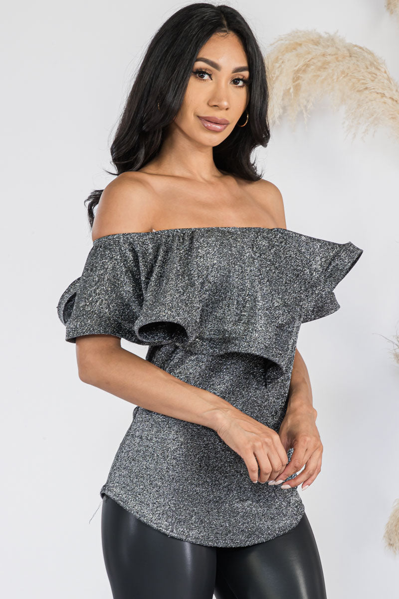 HH740X-GLITTER - GLITTER RUFFLE OFF SHOULDER TOP