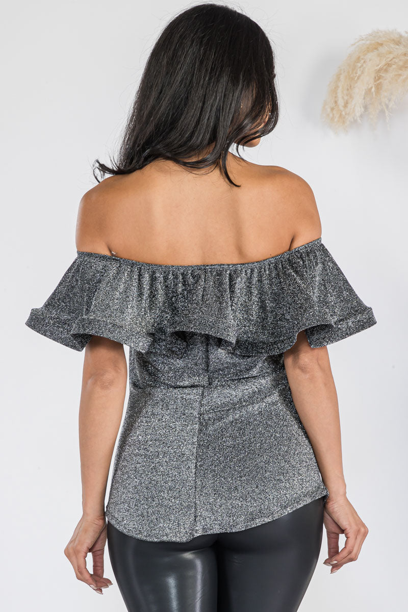 HH740X-GLITTER - GLITTER RUFFLE OFF SHOULDER TOP