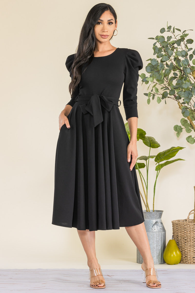 HH698R-LS-S - PUFF LONG SLEEVE MIDI COCKTAIL DRESS