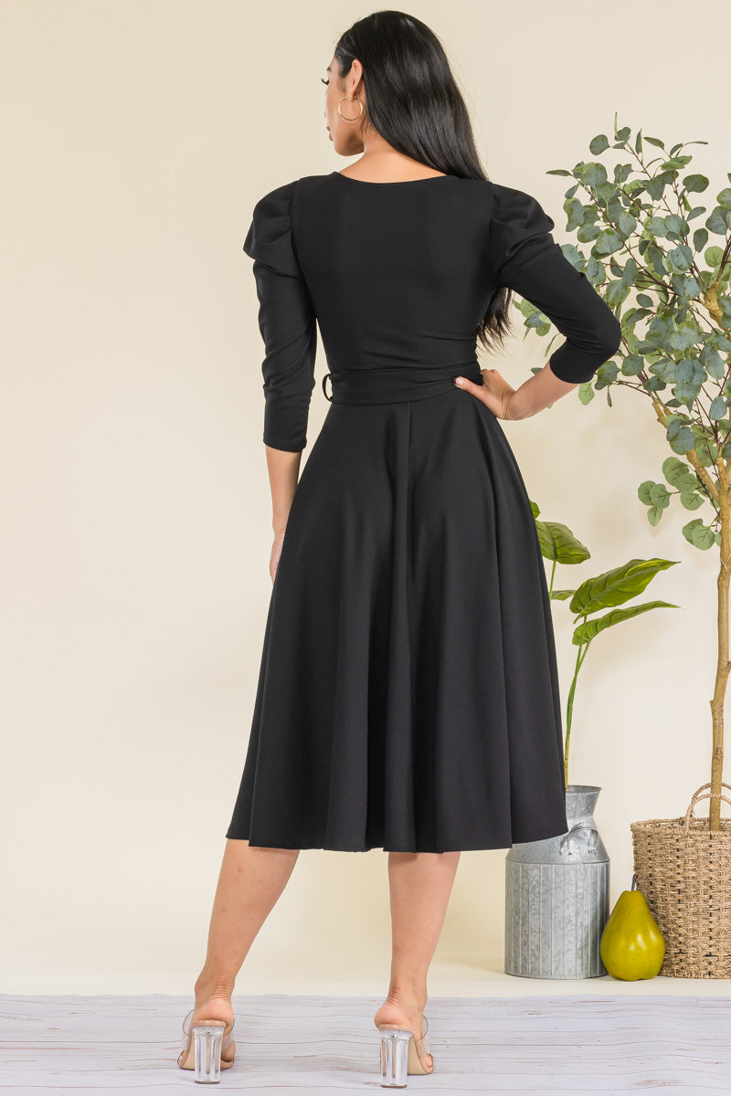 HH698R-LS-S - PUFF LONG SLEEVE MIDI COCKTAIL DRESS