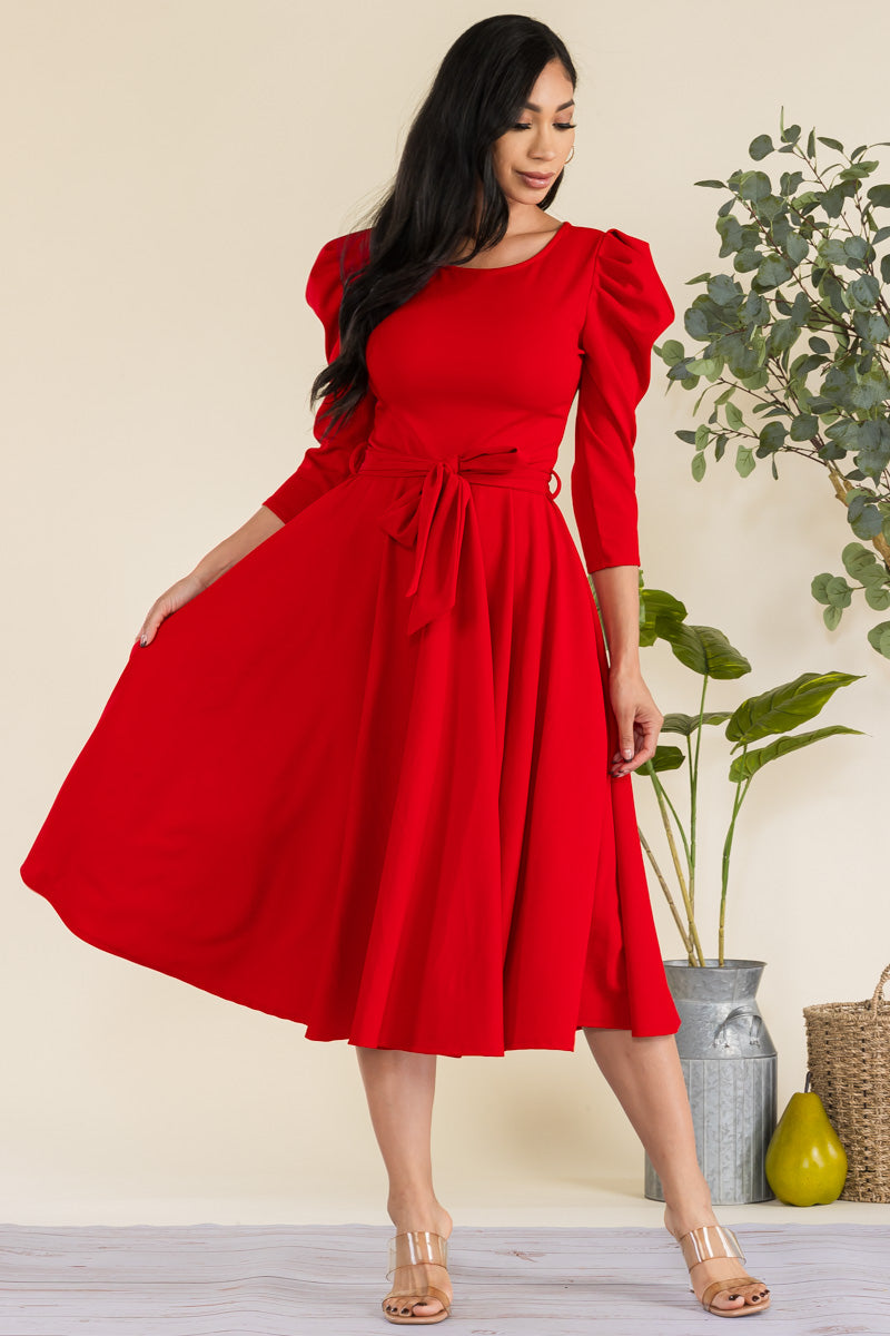 HH698R-LS-S - PUFF LONG SLEEVE MIDI COCKTAIL DRESS