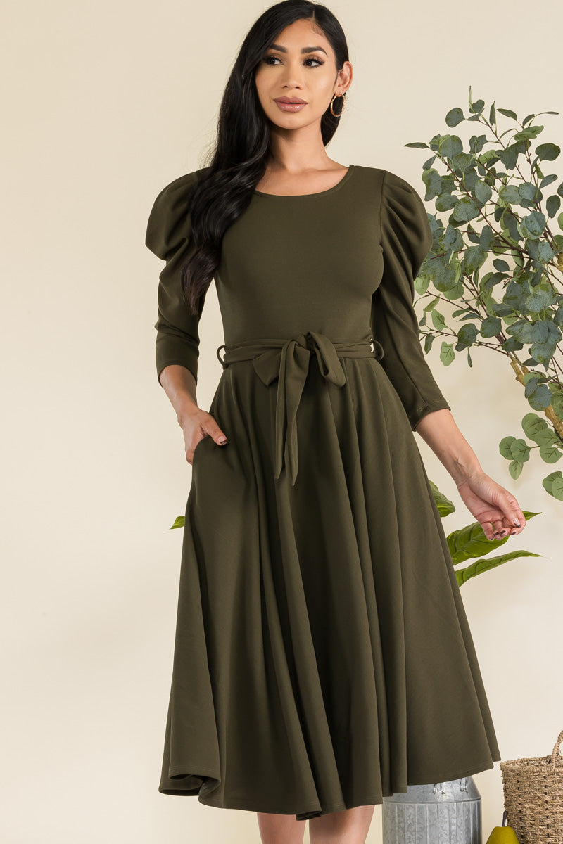 HH698R-LS-S - PUFF LONG SLEEVE MIDI COCKTAIL DRESS