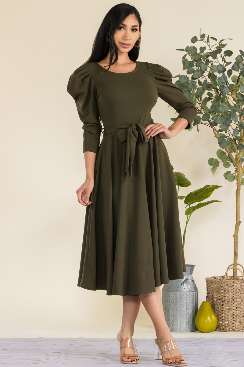 HH698R-LS-S - PUFF LONG SLEEVE MIDI COCKTAIL DRESS